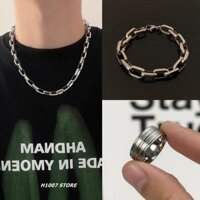 Combo Dây chuyền/ Vòng tay xích nối bản dày, nhẫn 2 line màu bạc, thép titan không gỉ