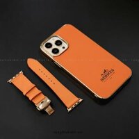 Combo Dây da Apple Watch và Ốp da thủ công viền gold khắc chữ Hermes Epsom Cam