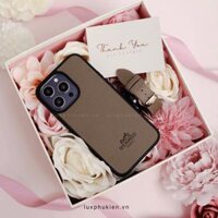 Combo Dây da Apple Watch và Ốp da thủ công viền đen khắc chữ Hermes Epsom Nâu Tây