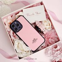 Combo Dây da Apple Watch và Ốp da thủ công viền đen khắc chữ Hermes Epsom Hồng