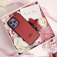 Combo Dây da Apple Watch và Ốp da thủ công viền đen khắc chữ Hermes Epsom Đỏ Đô