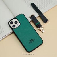 Combo Dây da Apple Watch và Ốp da thủ công viền đen khắc chữ Hermes Epsom Xanh Lá