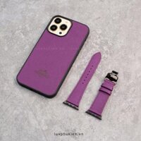 Combo Dây da Apple Watch và Ốp da thủ công viền đen khắc chữ Hermes Epsom Tím