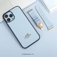 Combo Dây da Apple Watch và Ốp da thủ công viền đen khắc chữ Hermes Swift Xanh Sierra