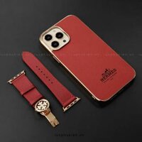 Combo Dây da Apple Watch và Ốp da thủ công viền gold khắc chữ Hermes Epsom Đỏ Đô