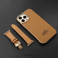 Combo Dây da Apple Watch và Ốp da thủ công viền gold khắc chữ Hermes Epsom Nâu Bò
