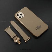 Combo Dây da Apple Watch và Ốp da thủ công viền gold khắc chữ Hermes Epsom Nâu Tây