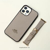 Combo Dây da Apple Watch và Ốp da thủ công viền đen khắc chữ Hermes Epsom Xám
