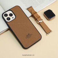 Combo Dây da Apple Watch và Ốp da thủ công viền đen khắc chữ Hermes Epsom Nâu Bò