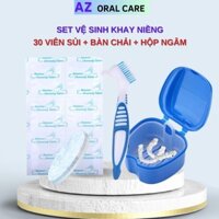 Combo đầy đủ vệ sinh khay niềng răng: 30 viên sủi + Bàn chải 2 đầu + Hộp ngâm khay, vệ sinh hàm duy trì AZ Oralcare