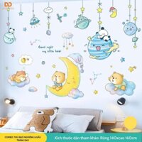Combo decal dán tường cho bé hình gấu và hành tinh xanh, tranh dán tường cho bé trang trí phòng ngủ