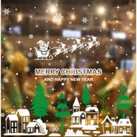 COMBO-Decal trang trí NOEL HÍT TĨNH ĐIỆN -Xe tuần lộc Ông già noel bay trên thành phố tuyết trắng (3 tấm)-CDN61