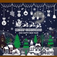 COMBO-Decal trang trí NOEL HÍT TĨNH ĐIỆN -Rèm châu xe tuần lộc Noel kèm chữ Merry Chrisrmas và thành phố (4 tấm)-CDN62