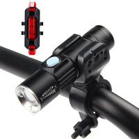 Combo Đèn Pin LED siêu sáng mini trên xe đạp (Có đế kẹp) đèn pha xe đạp có sạc + Đèn LED cảnh báo phía sau xe đạp giúp An toàn đi ban đêm (Đỏ)