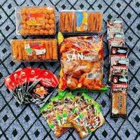 Combo đồ ăn vặt 4 món snack bò quẩy kèm thêm 5 snack nem nướng phên, 5 snack tăm cay đen, 5 snack hổ kaka
