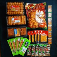 Combo đồ ăn vặt gồm 4 món bánh Pò kèm 5 snack hổ kaka, 5 snack nem nướng phên, 5 mèo yêu cá và 6 snack miếng cay cay