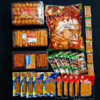 Combo đồ ăn vặt gồm 4 món bánh Pò kèm 5 snack hổ kaka, 5 snack nem nướng phên, 5 snack vòi rồng và 6 snack miếng cay cay