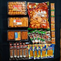 Combo đồ ăn vặt gồm 4 món bánh Pò kèm 5 snack hổ kaka, 5 snack tăm cay đen, 5 snack vòi rồng và 6 snack miếng cay cay