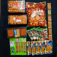 Combo đồ ăn vặt gồm 4 món bánh Pò kèm 5 snack hổ kaka, 5 snack mèo yêu cá, 5 snack vòi rồng và 6 snack miếng cay cay