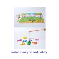 Combo đồ chơi câu cá bộ câu lý thú và vợt côn trùng cho bé chơi mà học, giáo cụ mầm non bằng gỗ