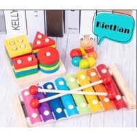 Combo đồ chơi gỗ 3 món: Đàn xylophone, sâu dẻo, bảng chuỗi thả hình