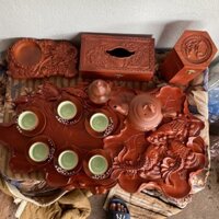 Combo đồ gỗ mỹ nghệ mini sen cá ấm chén khay trà  gỗ hương đỏ, Đồ gỗ nội thất cao cấp hộp giấy lọ tăm phòng khách