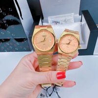 Combo đồng hồ đôi dây kim loại đeo tay chống nước cao cấp thời trang sang trọng TI$$OT vỏ vàng nam 40mm nữ size 34mm