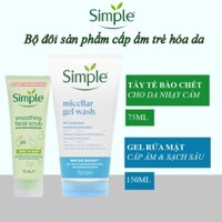 Combo gel rửa mặt cho da khô Simple 150ml + tẩy tế bào chết Simple cho da nhạy cảm 75ml