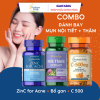 Combo giải độc gan, ngừa mụn, làm sáng da mờ vết thâm Zinc for Acne, Milk Thistle và Vitamin C-500mg Puritan's Pride
