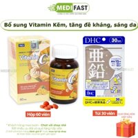 Combo giảm mụn thâm Vitamin C có kẽm Mediusa 60 viên và DHC Kẽm 30 viên từ Nhật Bản giúp làm đẹp da,tăng đề kháng