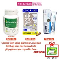 Combo giảm mụn viên uống Esunvy 30v, DHC kẽm 30v kết hợp kem bôi Derma Forte 15g, giúp mát gan, giảm mụn, bớt bã nhờn da