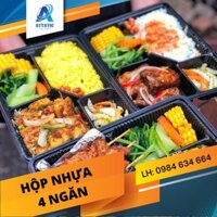 Combo Hộp Nhựa Đế Đen 4 Ngăn + Thìa, đũa, giấy, tăm - Hộp Nhựa Đựng Cơm Dùng 1 Lần