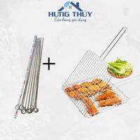 Combo kẹp hộp dầy + 5 xiên thịt inox dài 60cm nướng thịt, nướng bbq tiện lợi