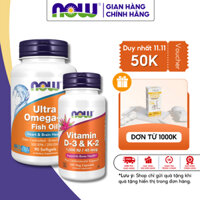 Combo kết hợp toàn diện tốt cho xương khớp, tim và não bộ Now Vitamin D3-K2 1000IU 45mcg + Ultra Omega-3 500 EPA/250 DHA