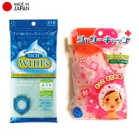 Combo khăn tắm tạo bọt Whips loại vừa bọt  mũ tắm họa tiết hoa 25cm - made in Japan - Xanh ngọc