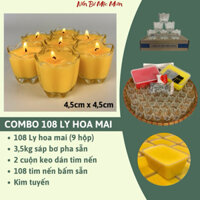 Combo làm 108 ly nến bơ hoa mai + 3,5kg sáp pha sẵn (vàng&đỏ) + tim nến bấm sẵn + kim tuyến + 2 cuộn keo dán tim nên