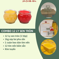 Combo làm 12 ly nến bơ sen tròn + 1kg sáp pha sẵn (vàng&đỏ) + tim nến bấm sẵn + 1 cuộn keo dán tim nến + kim tuyến