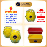 Combo Làm 6 Ly Nến Bơ Đài Sen 125ml Vạn Phúc – Cốc Đựng, Sáp Pha Sẵn 1kg (Vàng & Đỏ) + Tim Nến, Keo Dán & Kim Tuyến