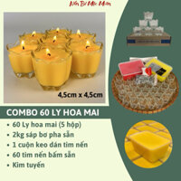 Combo làm 60 ly nến bơ hoa mai + 2kg sáp pha sẵn (vàng&đỏ) + 60 tim nến bấm sẵn+ kim tuyến + 1 cuộn keo dán tim nến