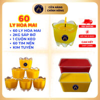 Combo Làm 60 Ly Nến Bơ Hoa Mai Vạn Phúc – Cốc Đựng, Sáp Pha Sẵn 2kg (Vàng & Đỏ) + Tim Nến, Keo Dán & Kim Tuyến