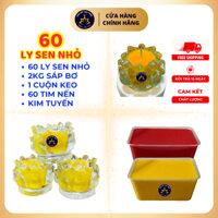 Combo Làm 60 Ly Nến Bơ Sen Nhỏ Vạn Phúc – Cốc Đựng, Sáp Pha Sẵn 2kg (Vàng & Đỏ) + Tim Nến, Keo Dán & Kim Tuyến