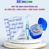 Combo làm sạch hàm răng giả, hàm tháo lắp ( hộp ngâm, bàn chải 2 đầu chuyên dụng, 30 viên sủi) AZ Oralcare