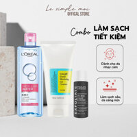 Combo làm sạch TIẾT KIỆM cho da nhạy cảm - Sữa rửa mặt, Tẩy trang, Tẩy da chết - Le Simple Moi Combo