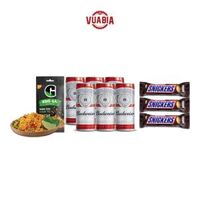 Combo Lốc 6 Lon Budweiser 330ml (Date T09/2023 hoặc T10/2023), 03 Thanh Socola Snicker, 01 Khô Gà G-Kitchen 22g - QUÀ TẶNG KHÔNG BÁN