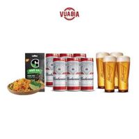 Combo Lốc 6 Lon Budweiser 330ml (Date T08/2023, T09/2023, T10/2023), 04 Ly Thủy Tinh Budweiser 330ml, 01 Khô Gà G-Kitchen 22g - QUÀ TẶNG KHÁCH HÀNG MỚI