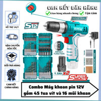 Combo máy khoan búa dùng pin 12V TOTAL TOSLI23022 gồm bộ 45 mũi vít và 16 mũi khoan dùng khoan sắt,gỗ,tường,siết vặn vít