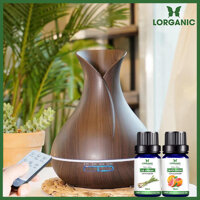 Combo máy khuếch tán máy xông tinh dầu bình hoa màu nâu FX2020  tinh dầu sả chanh  tinh dầu bưởi chùm Lorganic 10ml x2 LGN0351