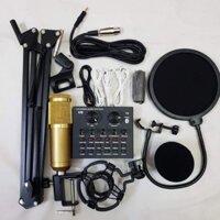 Combo mic thu âm BM900 đi sound card v8, chân kẹp, màng lọc - Bộ micro livestream, thu âm, hát live