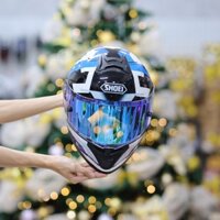Combo Mũ Fullface ROC 08 Plus Đen bóng + Dán Tem Decal Shoei Brink Trắng Xanh + Kính Revo Xanh Nhạt