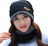 ComBo Mũ Len Kèm Khăn Cổ Hàn Quốc  - Đen